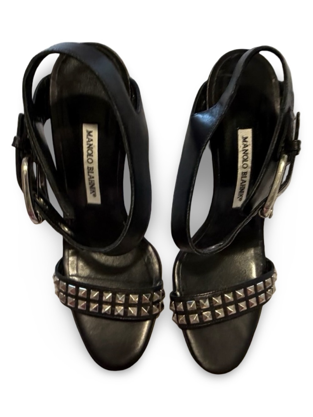Manolo Blahnik Black Studded Leather Buckle Ankle Strap Sandals, 38 - Picture 6 of 16